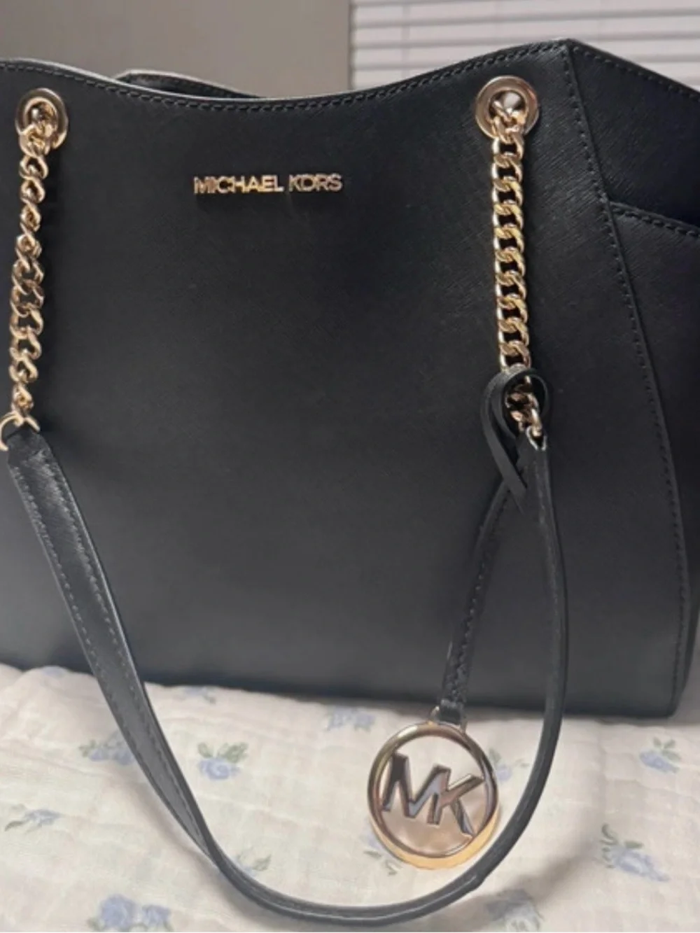 Michael Kors Black Leather Tote with Gold Chain Straps and MK Charm